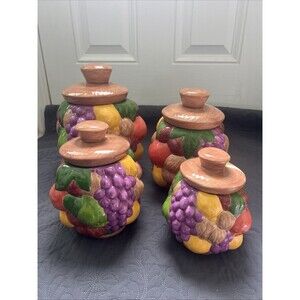 VTG Fruit All Over Cookie Jars w/Lid-4pc Multicolor Ceramic Glazed Hand Painted